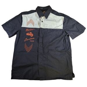 Harley Davidson Motorcycles Mens M Black White Orange Button Up Casual Shirt